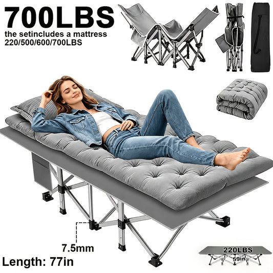 Oversized Folding Camping Cot for Guest Sleeping and Outdoor Lounging, Gray or Black Models with Listed 500, 600 or 700 lb Ratings plus Mini Option Without Mattress