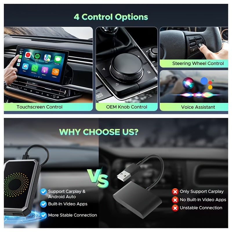 CarPlay Media Box in Black with Listed Wireless CarPlay Adapter, USB Port and Streaming Support for Compatible Factory Wired CarPlay and Android Auto Systems