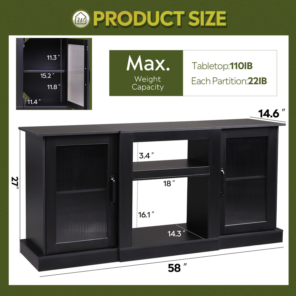 Retro TV Stand with Open Storage Shelves, Black, Rustic Brown or Greige Media Console for Compatible Television Setups in Living Rooms and Bedrooms