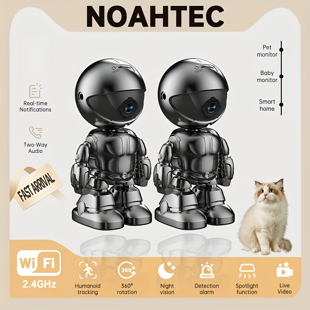 Robot Security Camera with Listed 2K Video, Motion Detection, Automatic Tracking, Two-Way Voice and Night Vision in Silvery or White, One- or Two-Camera Options