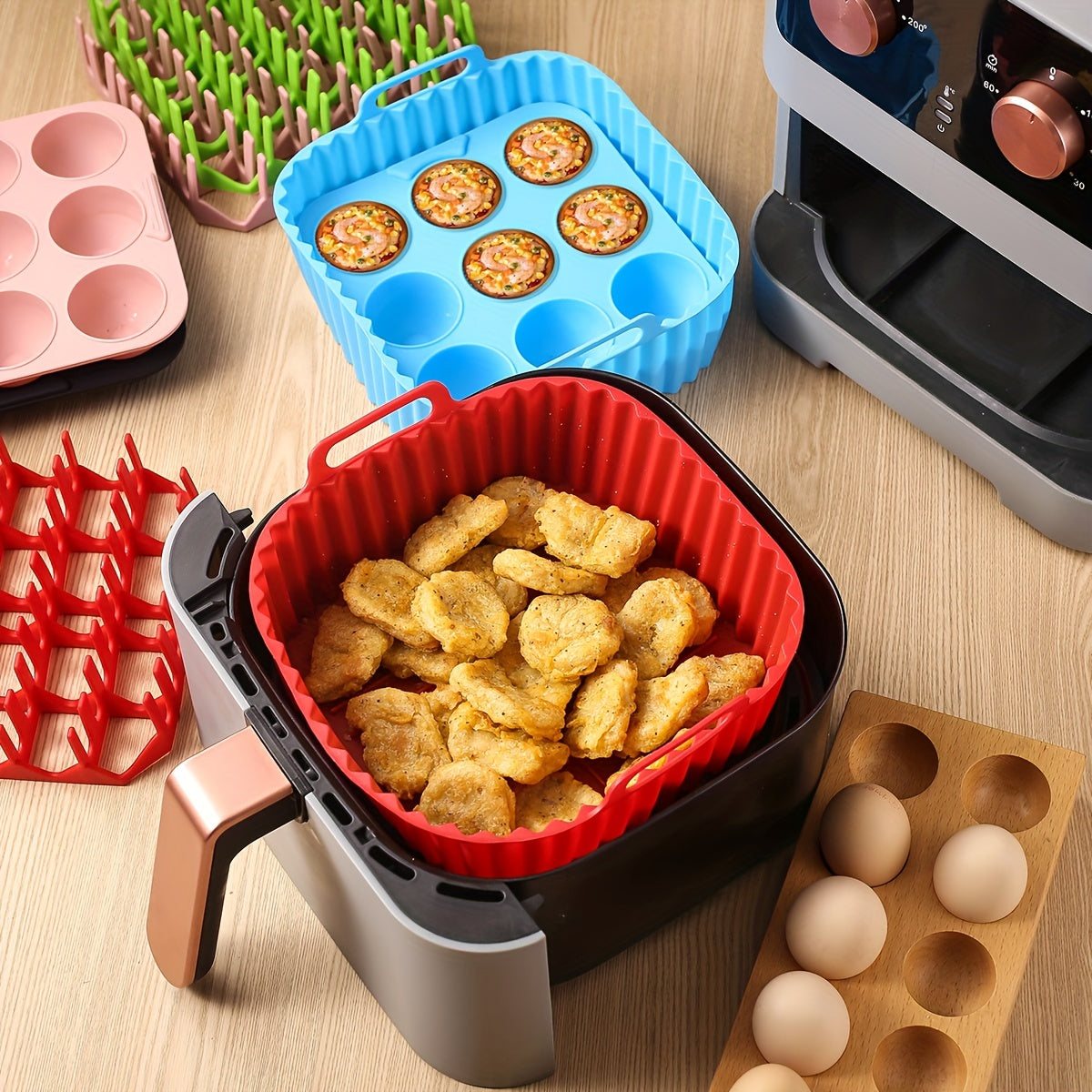 Silicone Air Fryer Baking Tray Set of Two with Listed Nonstick Liner and Muffin Mold Wording, Reusable Kitchen Accessories in Five Colors for Compatible Appliances