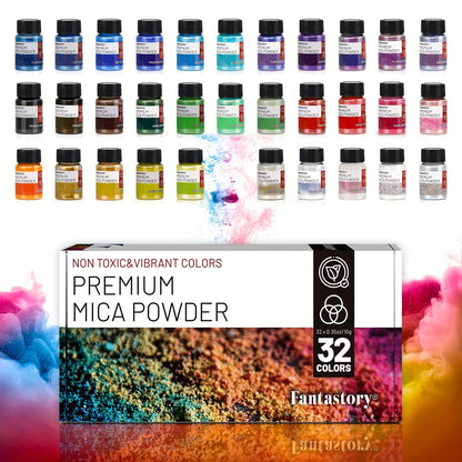 Pearlescent Mica Powder by Fantastory, 32-Color Pigment Art Set for Compatible Epoxy Resin Projects, Decorative Casting and Creative Handmade Craft Designs