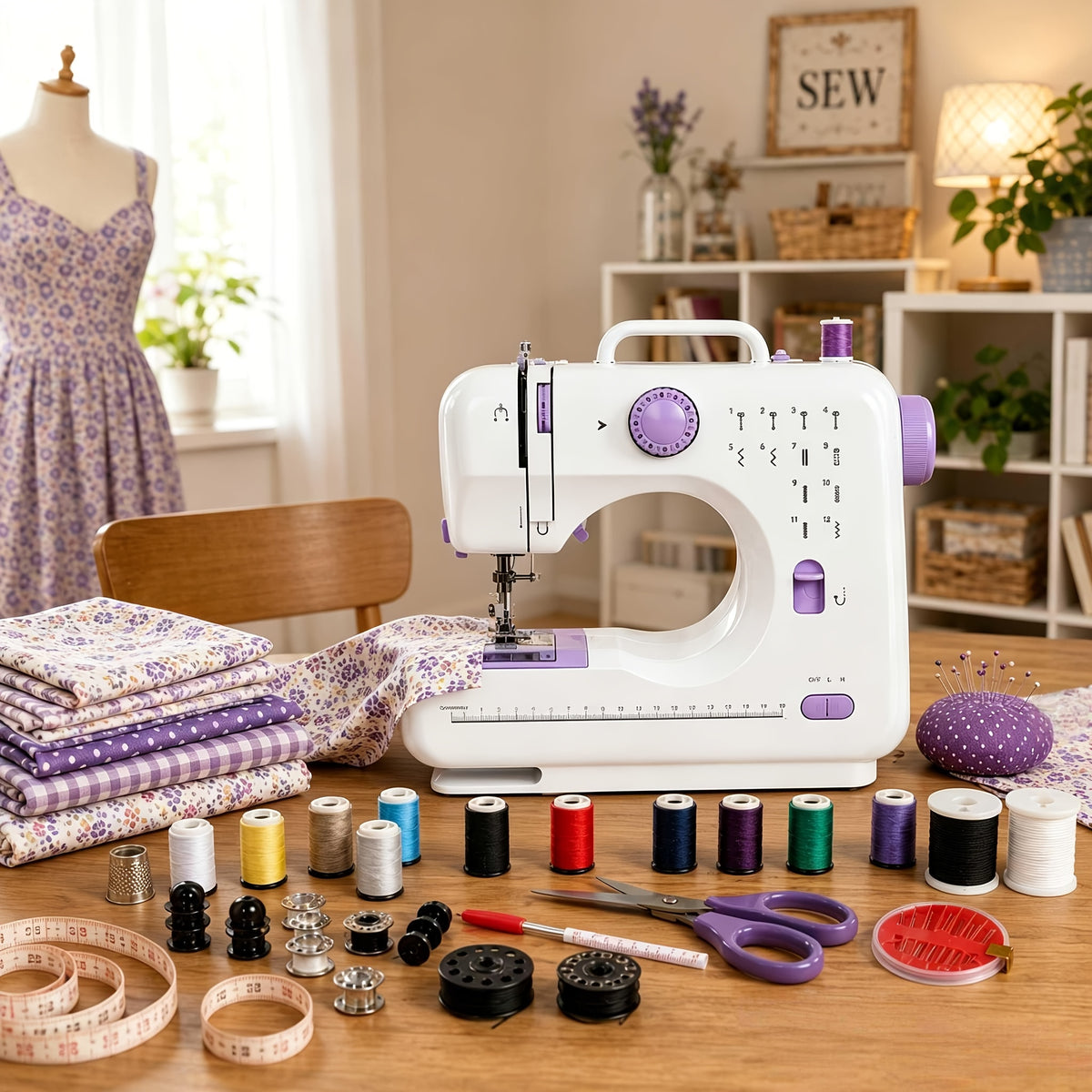 Dual Speed Sewing Machine for Beginners with Listed 12 Stitches, LED Work Light, Foot Pedal and 12-Color Thread Set, Portable Mini Electric Design for Home Craft Projects