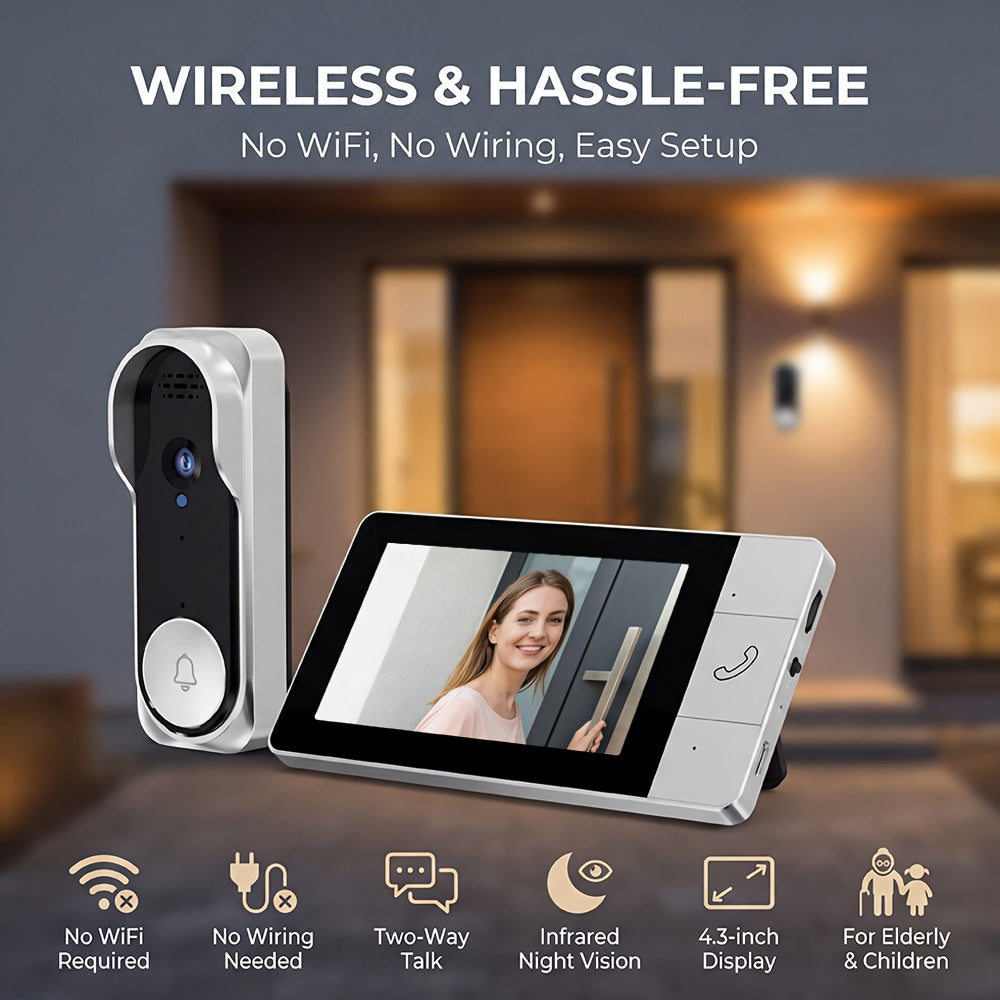 1 Set, Doorbell Camera Wireless No Subscription, Water Resistant Wireless Video Doorbell, Equipped with A 4. 3-inch Display, Real-time Communication Is Like Making A Phone Call, No Need for Button Intercom, One Click Answer, Fisheye Wide-angle Lens