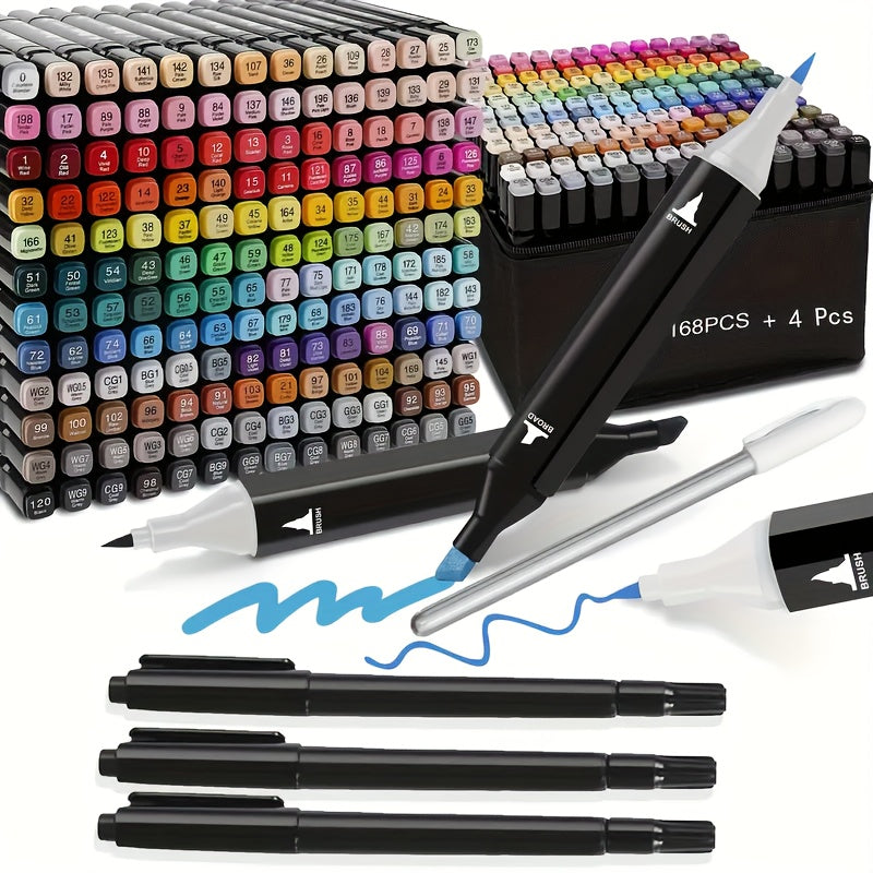 Artist Marker Pens Set 172 Pieces with Chisel and Fine Dual Tips, Drawing and Coloring Supplies with Protective Mat for Adult Sketching and Greeting Cards