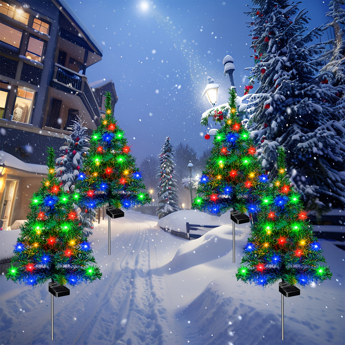 Solar Christmas Tree Lights with Listed IP65 Rating, Plastic Outdoor Holiday Decorations in One, Two or Four-Piece Options for Lawns, Terraces and Balconies