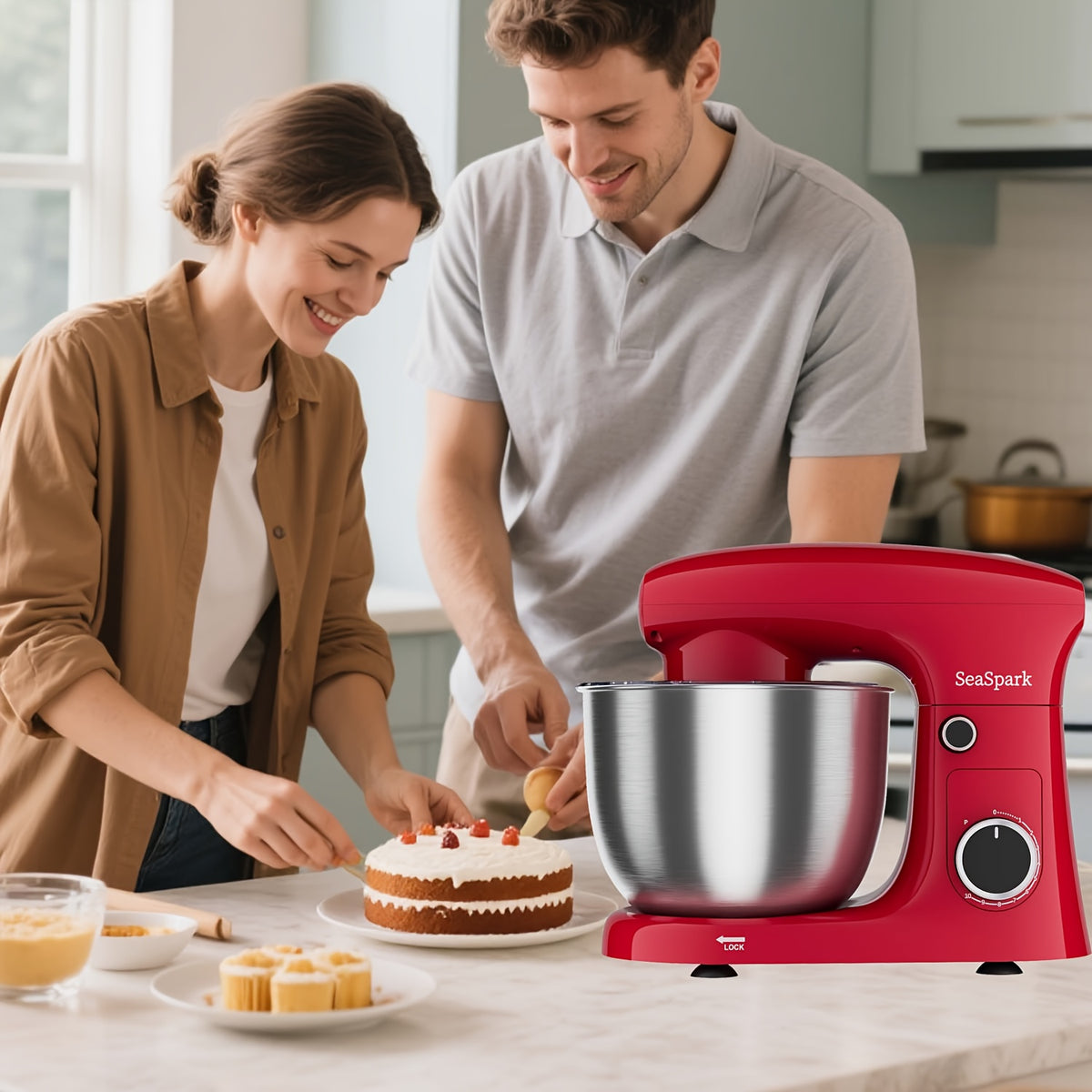 Tilt-Head Stand Mixer with 10 Speeds and Pulse Button, Stainless Steel Bowl, Dough Hook and Egg Mixer, 5L-Labeled Red, Silvery or Black Options for Home Baking