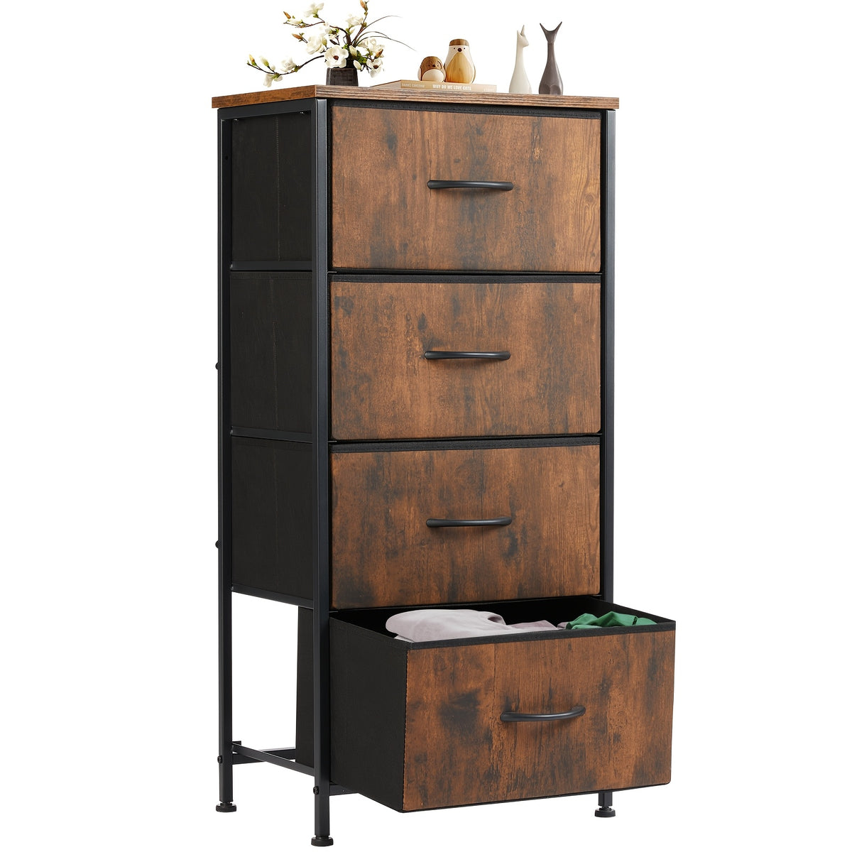 Four-Drawer Fabric Dresser Organizer with Listed Steel Frame and Wood Top, Home and Closet Storage Chest in Neutral, Green, Blue, Pink and Flower Style Options