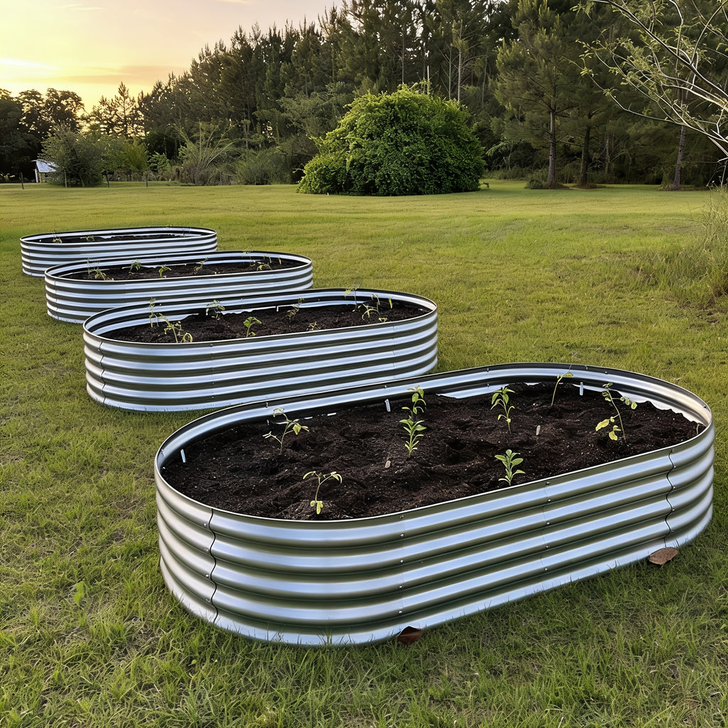 Metal Raised Garden Bed Kits with Galvanized Oval Planter Wording, Listed 4x2x1ft and 8x4x1ft Multipack Options plus Single-Bed Label for Outdoor Garden Planning