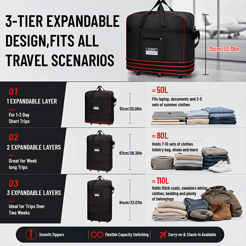Expandable Nylon Rolling Storage Bag, Foldable Black or Green Travel and Moving Bag with Straight-Line Wheels and Multiple Packing Compartments