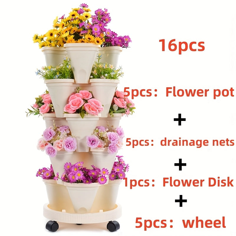 Five-Layer Stackable Planter Set for Vertical Gardening, Five Color Options with Listed Moving Wheels and Tools for Flowers, Herbs and Suitable Strawberry Plants