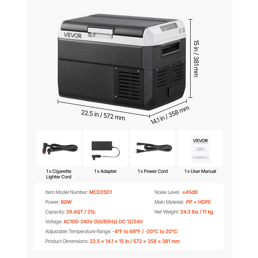 12V Car Refrigerator Freezer by VEVOR, 25L, 30L, 40L or 50L Portable Compressor Cooler with AC/DC Power and Battery Protection for RV Camping and Road Trips