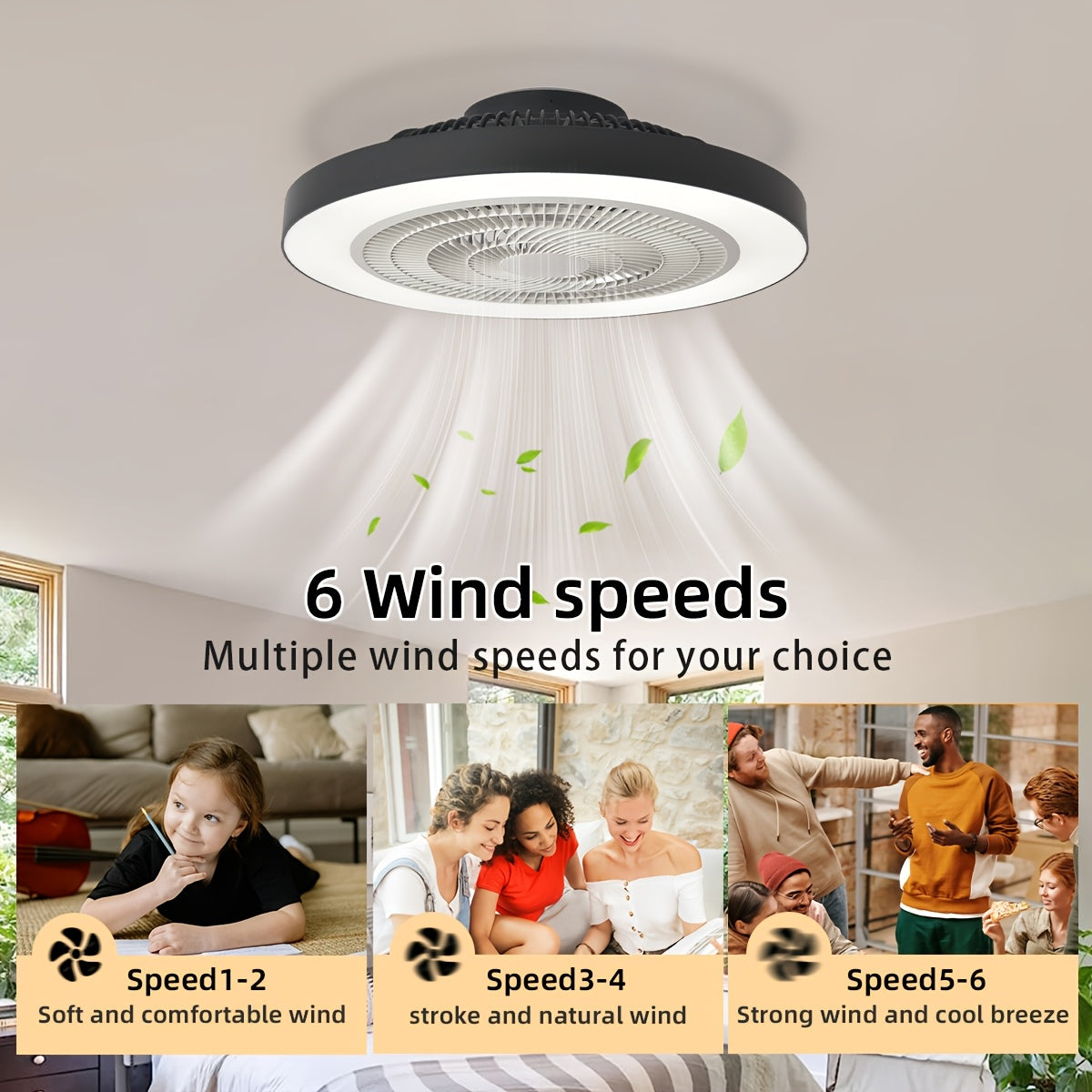 Low Profile Ceiling Fan with Light, 19-Inch Flush Mount Fandelier with Remote, Six Speeds and Dimmable 3000K–6000K LED Lighting in Black or White for Bedrooms