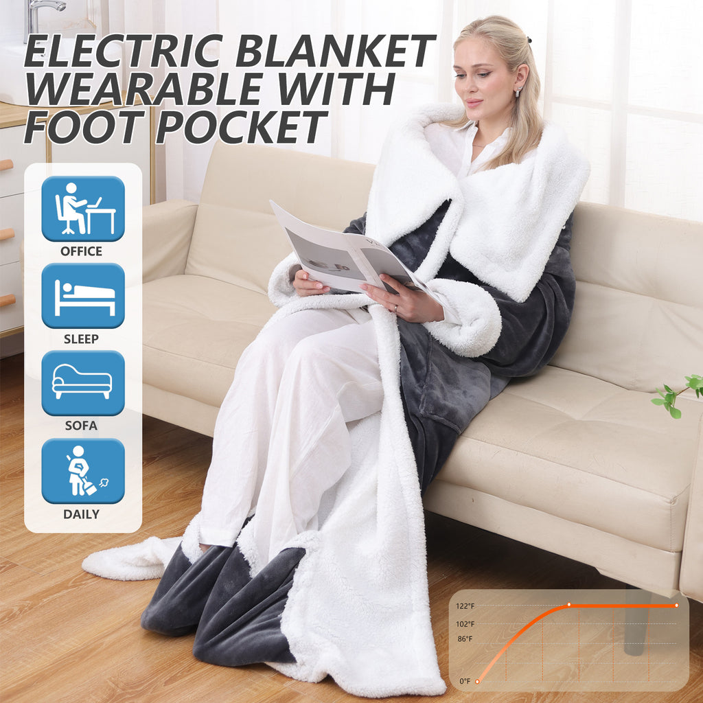 Wearable Heated Blanket by ThermoNest, Long Grey Flannel Throw with Sleeves and Foot Pocket, 6 Heat Levels and 1–12 Hour Auto-Off for Indoor Lounging