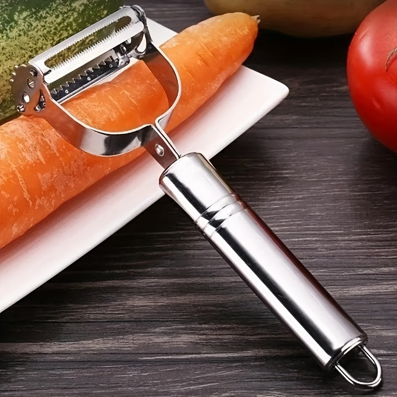 Multi-Use Fruit and Vegetable Peeler in Silvery Stainless Steel, Single Manual Kitchen Tool with Slicing, Grating and Shredding References for Home and RV Meal Prep
