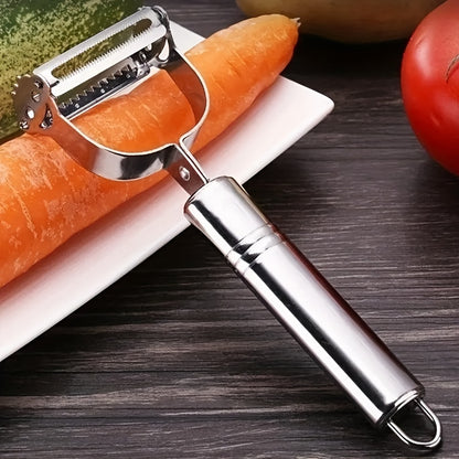 Multi-Use Fruit and Vegetable Peeler in Silvery Stainless Steel, Single Manual Kitchen Tool with Slicing, Grating and Shredding References for Home and RV Meal Prep