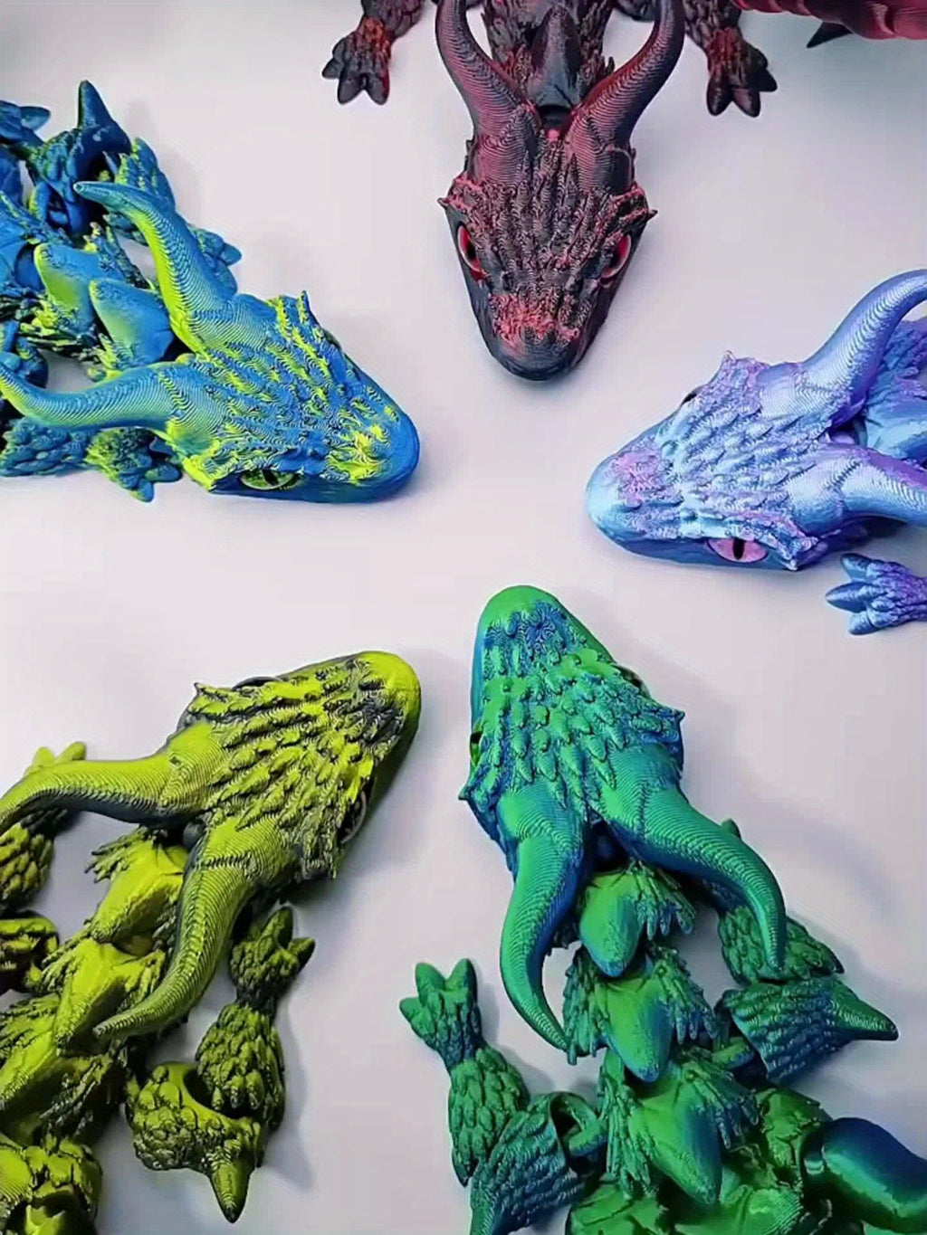 3D Printed Dragon Figurine with Articulated Two-Horned Fantasy Design, Six Color Combinations and Random Eye Details for Gothic Shelf, Desk and Room Decor