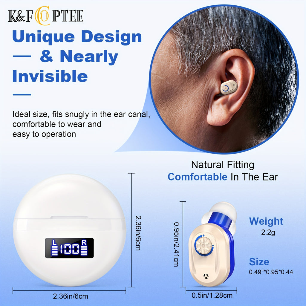 Rechargeable Hearing Device Pair K&FCOPTEE with Digital Display Charging Case, Rotary Volume Control, Six Silicone Ear Domes and Cleaning Accessories