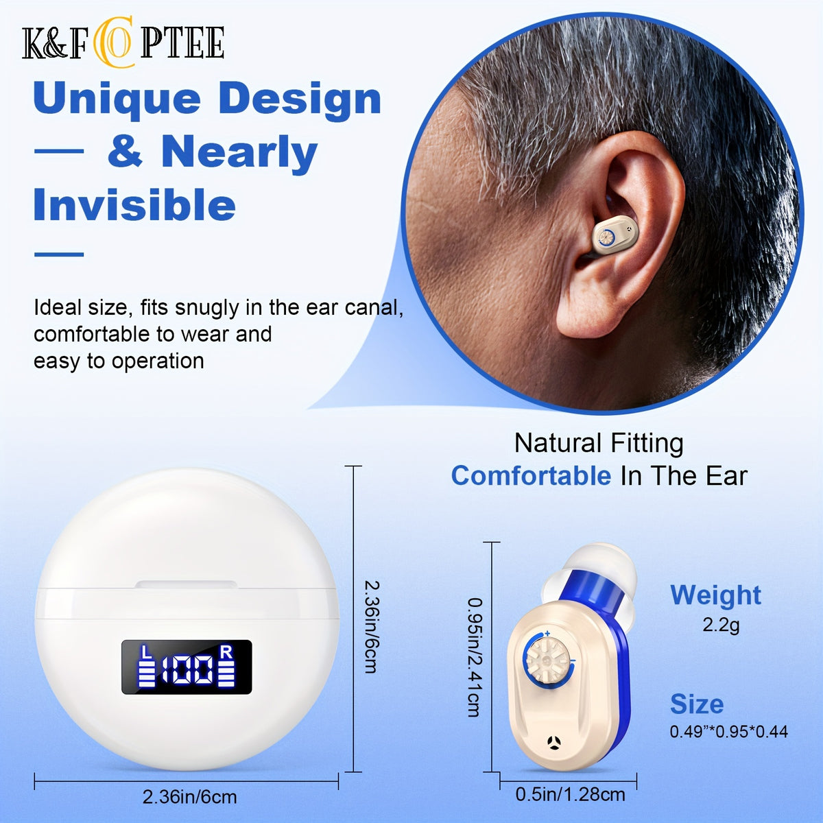 Rechargeable Hearing Device Pair K&FCOPTEE with Digital Display Charging Case, Rotary Volume Control, Six Silicone Ear Domes and Cleaning Accessories