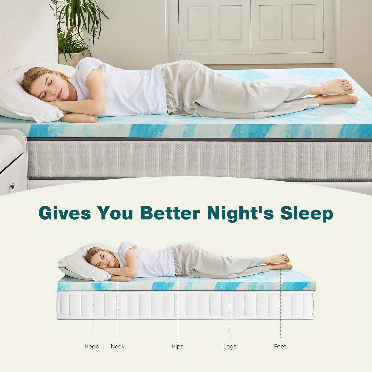 Gel Memory Foam Mattress Topper in Blue with 2-Inch or 3-Inch Thickness Options, Soft Bedding Layer for Compatible Beds, Sleeper Sofas and RV Mattresses