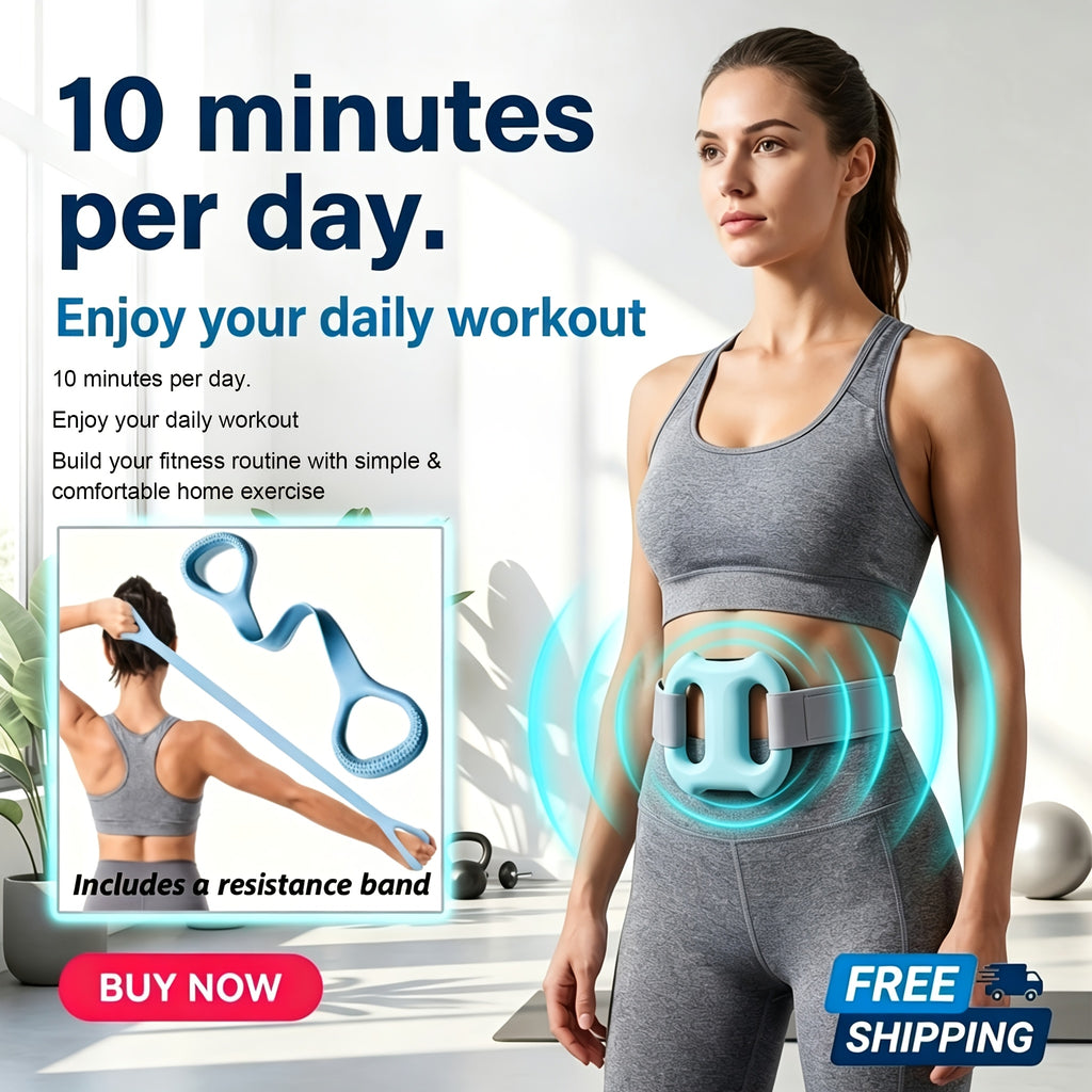 Electric Double-Ring Massager in Blue with Adjustable Belt and Listed Yoga Resistance Band, Fascia Roller Tool for Instruction-Guided Adult Personal Care