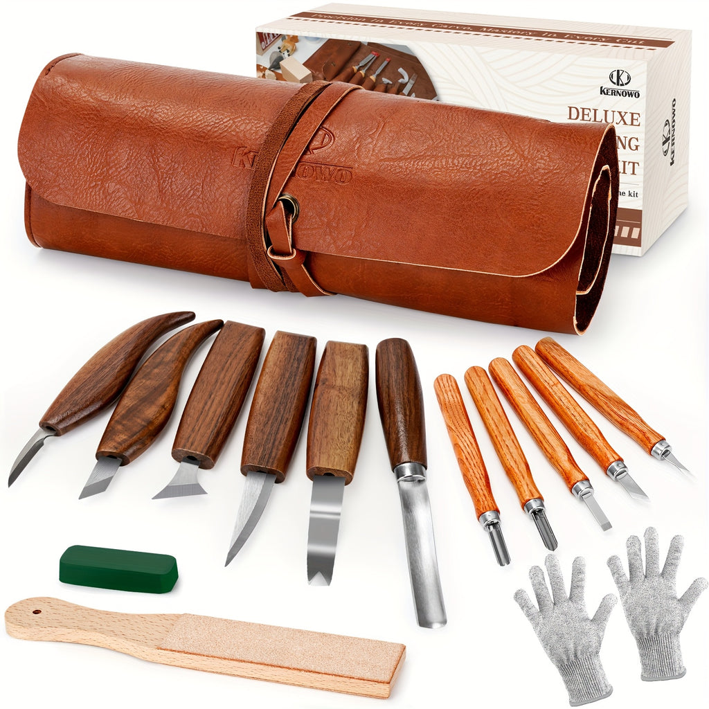 Wood Carving Knife Set with 15, 17, 20 or 23-Piece Options, Listed PU Case Packages and Detail, Hook and Geometric Tool Wording for Adult Woodworking Crafts