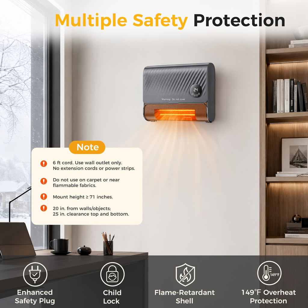Remote-Control Wall Heater with Listed 1500W Heating, Three Fan Speeds and Overheat Protection, White or Gray Panel Design for Supplemental Indoor Warmth