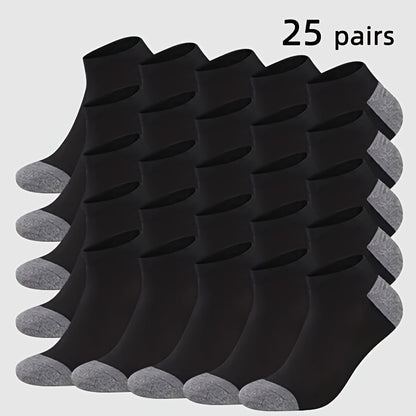 Men's Color-Block Sports Socks 25-Pair Pack with Breathable Low-Cut Design, Black or White One-Size Options for Athletic Shoes and Everyday Casual Wear