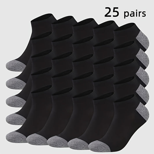 Men's Color-Block Sports Socks 25-Pair Pack with Breathable Low-Cut Design, Black or White One-Size Options for Athletic Shoes and Everyday Casual Wear
