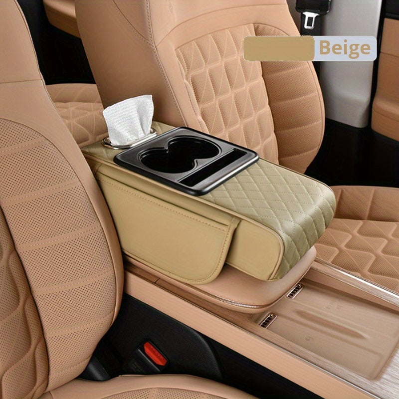Car Armrest Storage Cover in PU Leather with Two Side Pockets and Two Cup Holders, Center Console Organizer with Tissue Bundle and Refill Options
