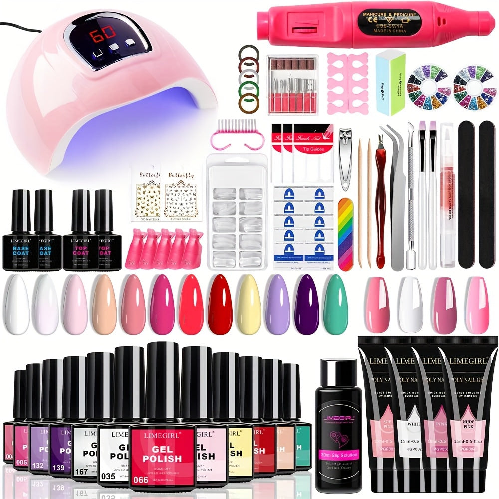 Gel Manicure Kit with 12 Listed Polish Colors and 4 Extension Gel Colors, Nail Lamp and Electric Drill References, Five Set Options for Adult Nail Art
