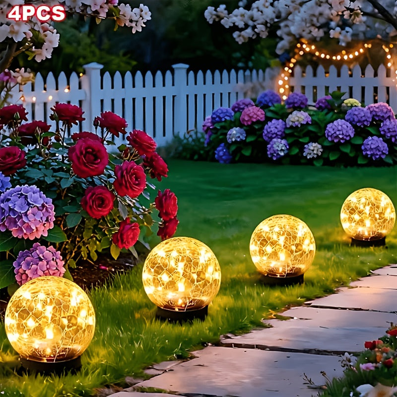 Warm White Solar Crackle Glass Ball Lights with Ground Stake Wording, Four, Six or Eight-Piece Packs for Decorative Garden Borders, Patios and Event Displays