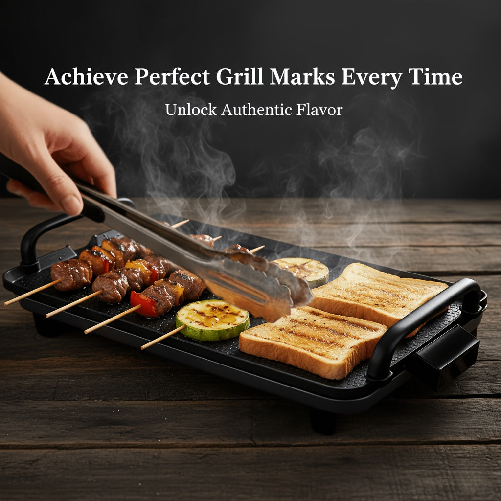 Nonstick Electric Barbecue Tray with Adjustable Temperature, Indoor Cooking Grill in Two Listed Sizes for Steak, Skewers and Home Dinner Gatherings