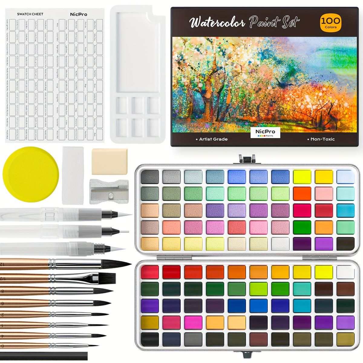 Watercolor Paint Starter Set, 100, 128 or 168 Color Options with Metallic, Macaron and Fluorescent Shades, Brushes, Watercolor Paper and Palette