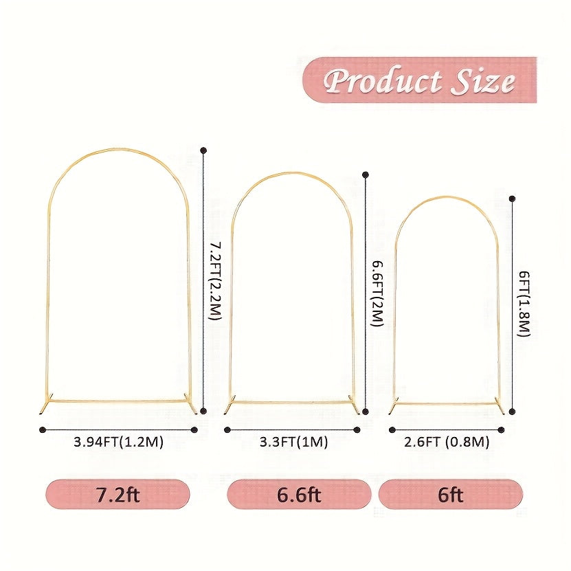 Wedding Arch Stand Set in Golden Metal, Three Backdrop Frames with Listed 7.2ft, 6.6ft and 6ft Sizes for Balloon, Flower and Party Displays