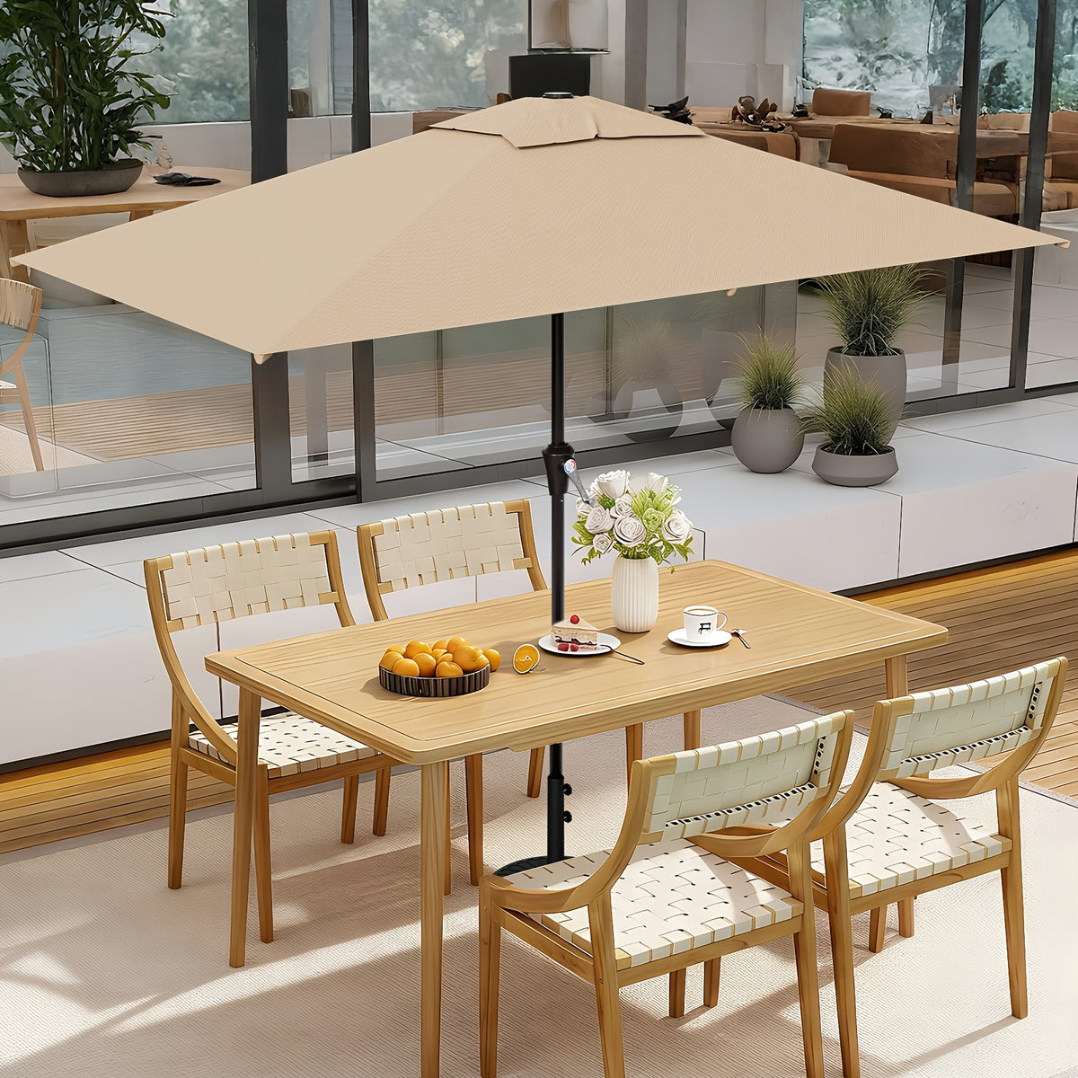 Rectangular Patio Umbrella with Listed 6.5 x 10 ft Canopy, Crank Operation and Six Ribs, Eight Color Options for Outdoor Dining Tables, Decks and Poolside Seating
