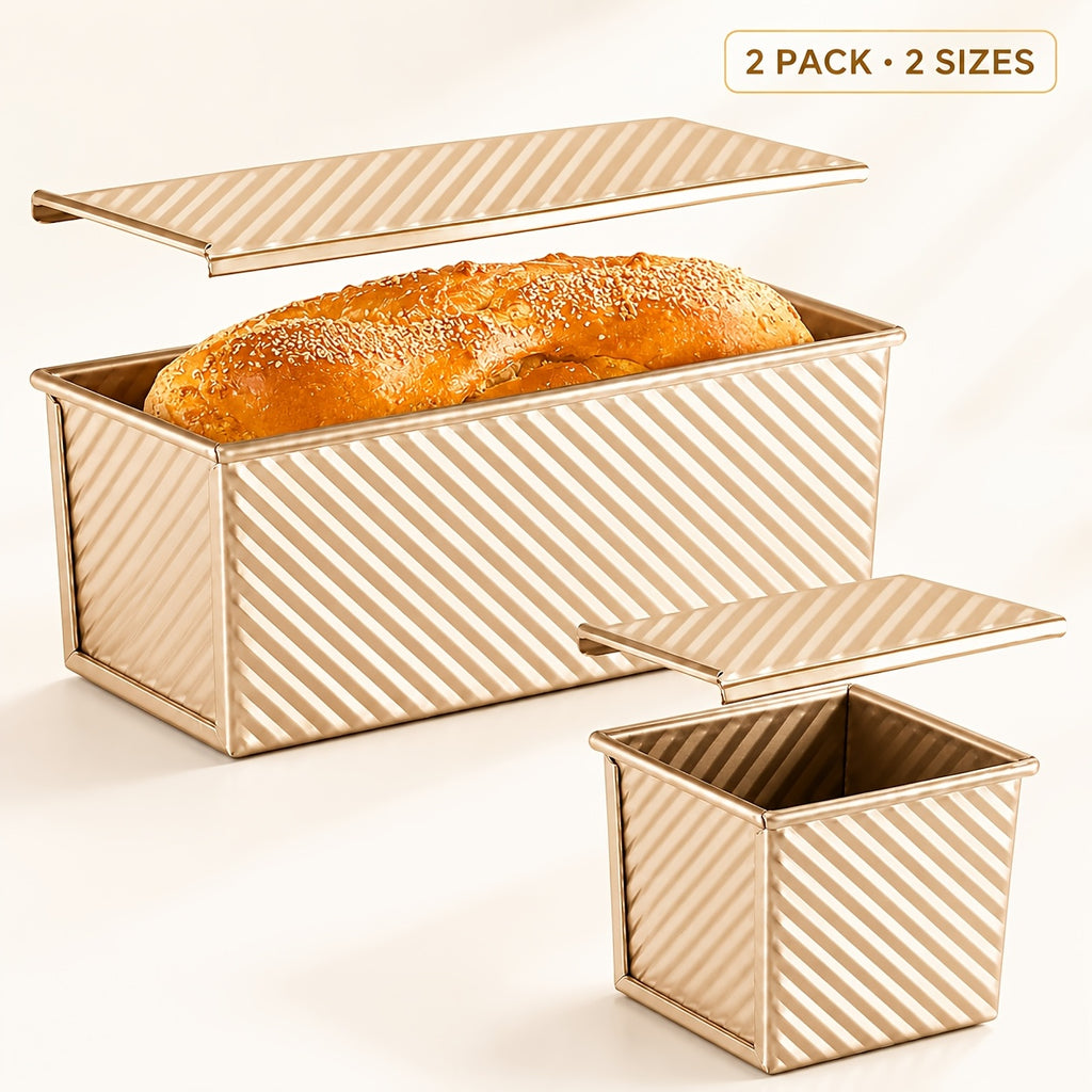 Pullman Loaf Pan Set with Lids, Golden Nonstick Corrugated Carbon Steel Bread Pans in Listed 2.2 LB and 0.5 LB Sizes for Sandwich Bread, Sourdough and Toast