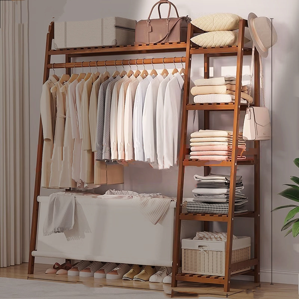 Bamboo Garment Rack with Adjustable Shelves, Five Side Storage Racks and Hat Hooks for Bedroom Organization, Brown or Nature with Four Size and Bag Option Labels