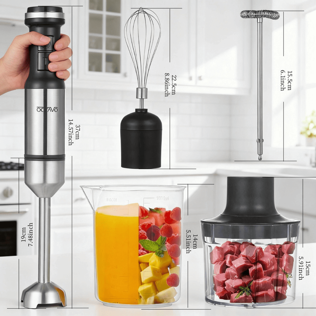Hand Blender 800W 5-in-1 with 12-Speed Control & Turbo, Stainless Steel Shaft, Food Chopper, Whisk & Milk Frother for Soup, Smoothies and Baby Food