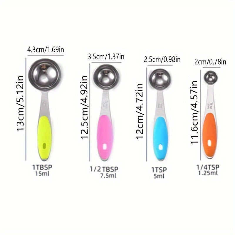 Five-Piece Measuring Spoon Set, Stainless Steel Kitchen Measuring Tools with Listed Silicone Handles for Everyday Recipe Prep, Home Cooking and Baking