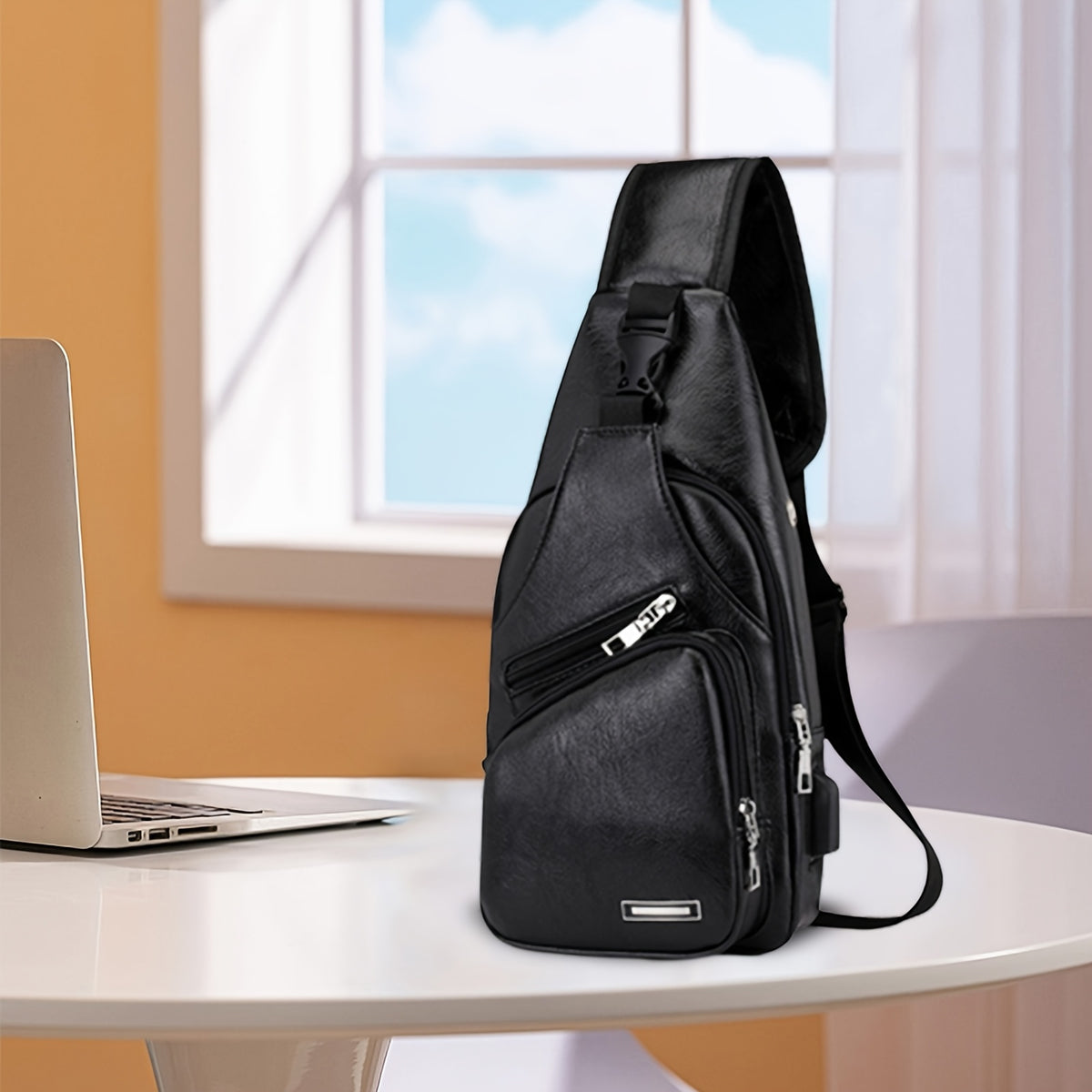 PU Leather Sling Bag for Men and Women with Adjustable Shoulder Strap, Zippered Pockets and Earphone Opening for Daily Walking, Hiking and Travel