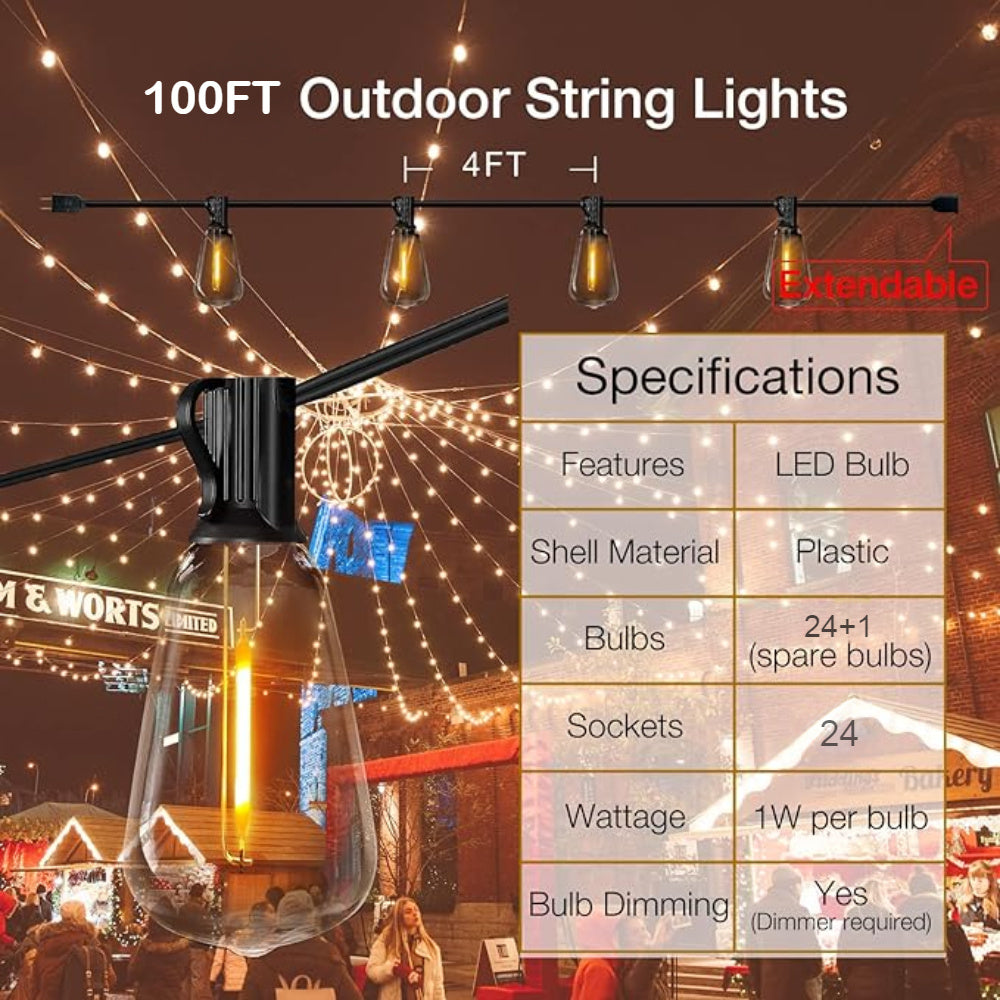 Edison Patio String Lights 100FT with Shatterproof ST38 Bulbs, 2700K Warm White Dimmable Connectable Hanging Lights for Garden, Bistro and Wedding Decor