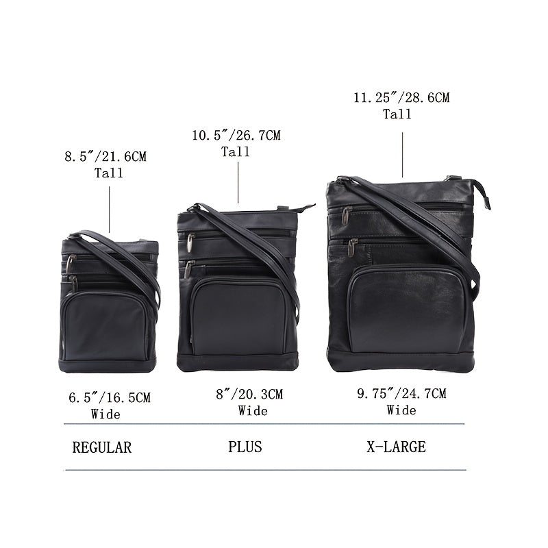 Cow Leather Crossbody Shoulder Bag with Soft Leather Description, Regular, Plus and X-Large Size Options in Ten Colors for Everyday Carry and Travel