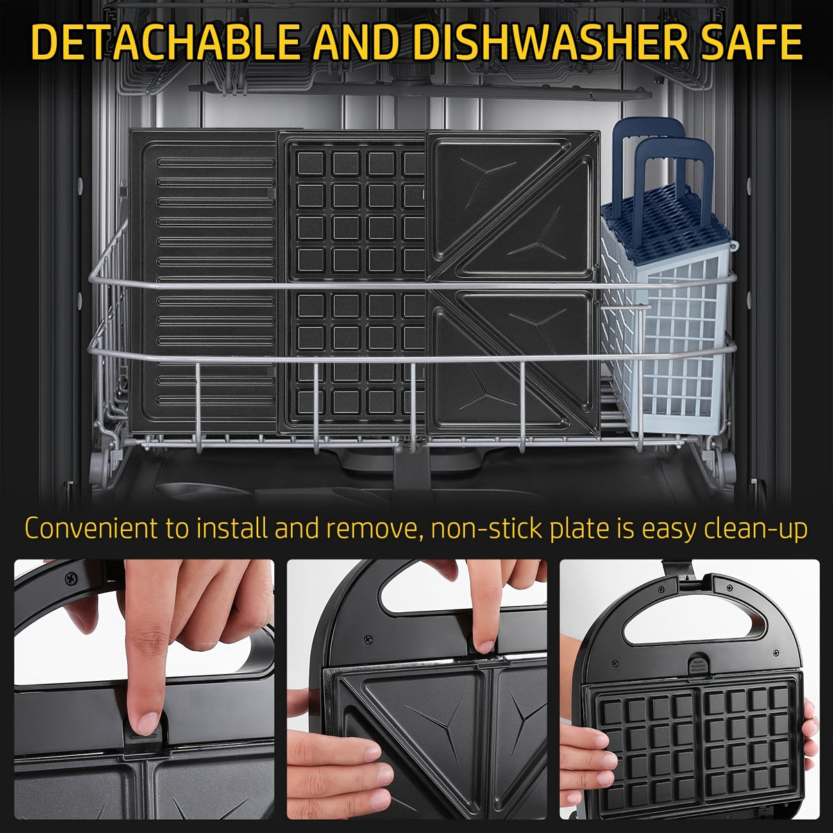 Interchangeable Plate Sandwich Maker by OSTBA, Black 750W 3-in-1 Panini Press and Waffle Iron with Three Removable Nonstick Plate Sets for Home Breakfasts