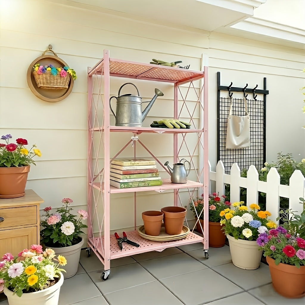 Folding Metal Shelving Unit with Listed Lockable Wheels, 3-, 4- or 5-Tier Storage Rack and Plant Stand in Black, White, Pink or Green for Home Organization