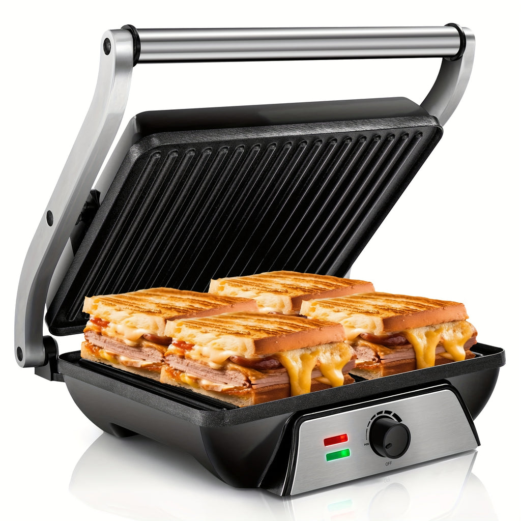 Floating-Hinge Panini Press and Indoor Grill with Nonstick Plate Wording, 180-Degree Opening and Grease Tray, Color or Timer-Control Options for Sandwiches