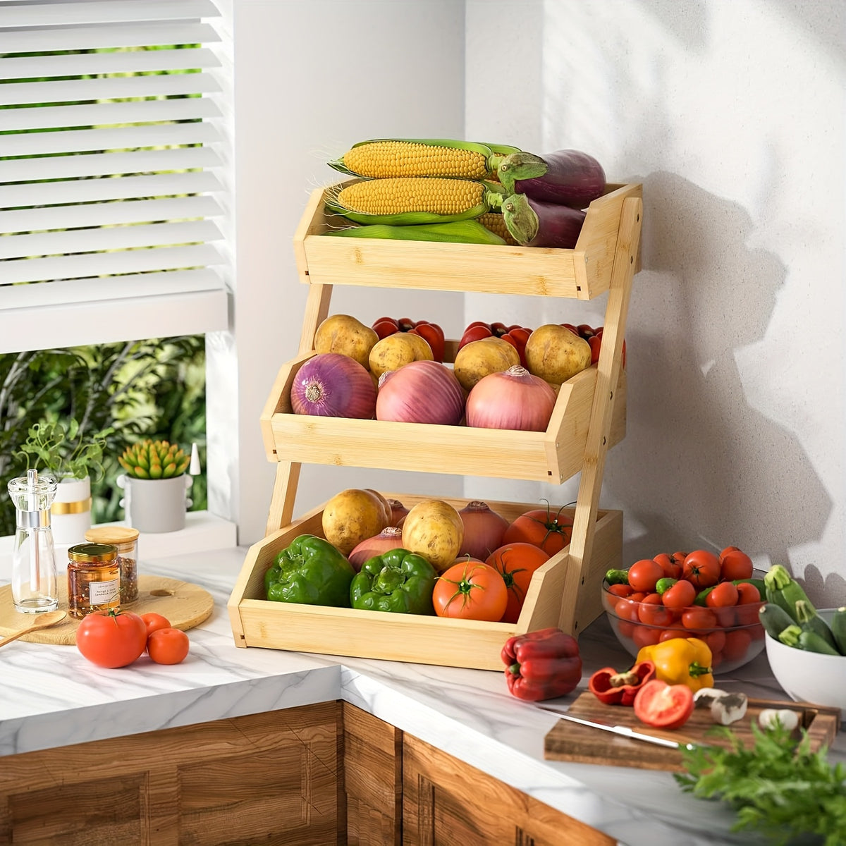 Wooden Fruit Basket Stand for Kitchen Countertops, Two or Three Tier Open Slat Produce Organizer with Natural Wood Finish and Detachable Hooks for Fruit, Bread and Packaged Snacks