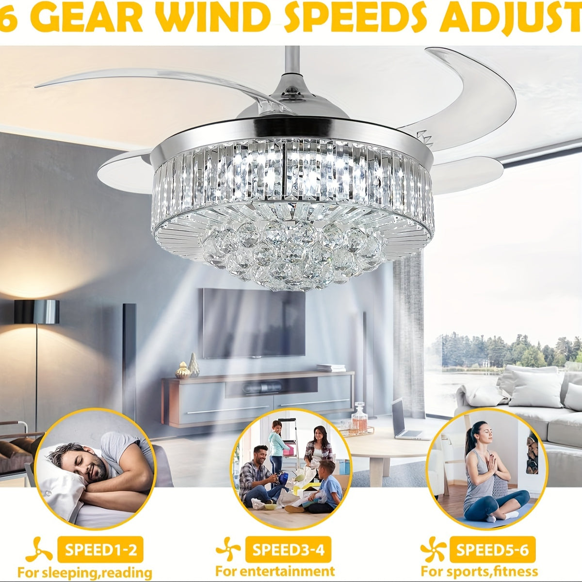 Crystal Style Ceiling Fan Light in Silvery with Three Light Tones, Remote Light Control, Six Fan Speeds and Reversible Airflow for Bedroom and Dining Room Decor