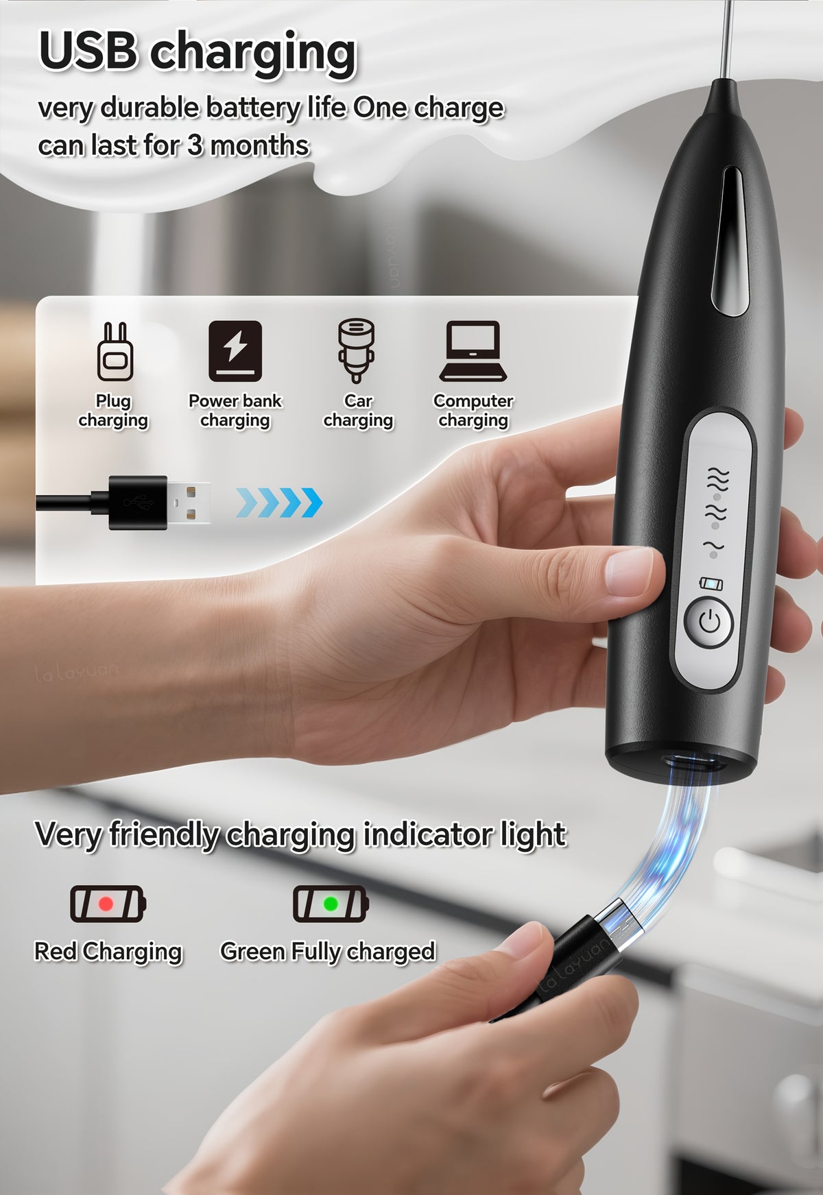 USB Rechargeable Milk Frother with Three Speeds, Handheld Electric Drink Mixer in Four Color Labels with Single Foam Head or Egg and Frother Head Options