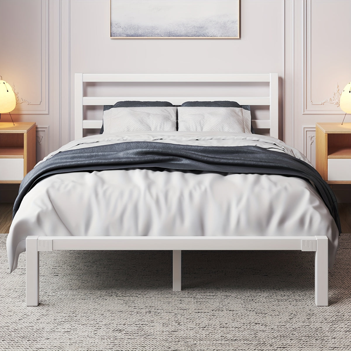 Metal Slat Platform Bed Frame with Slatted Headboard and Under-Bed Storage Space, No Box Spring Needed, Black or White in Twin, Full, Queen and King